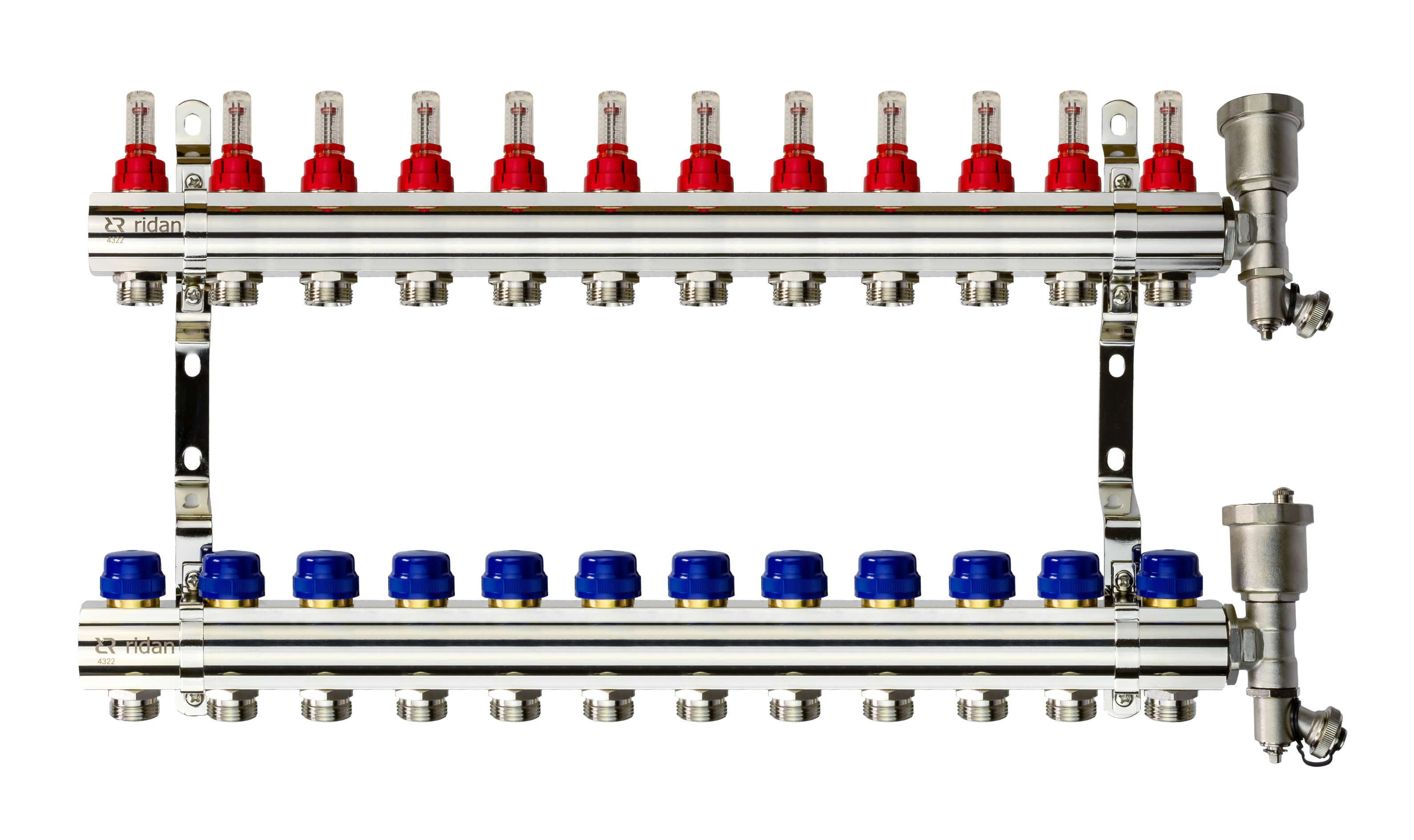 Ридан 088U0732R — Комплект коллекторов FHF-12RF set с расходомерами, кронштейнами и торцевыми секциями с автоматическими воздухоотводчиками, 12 контуров