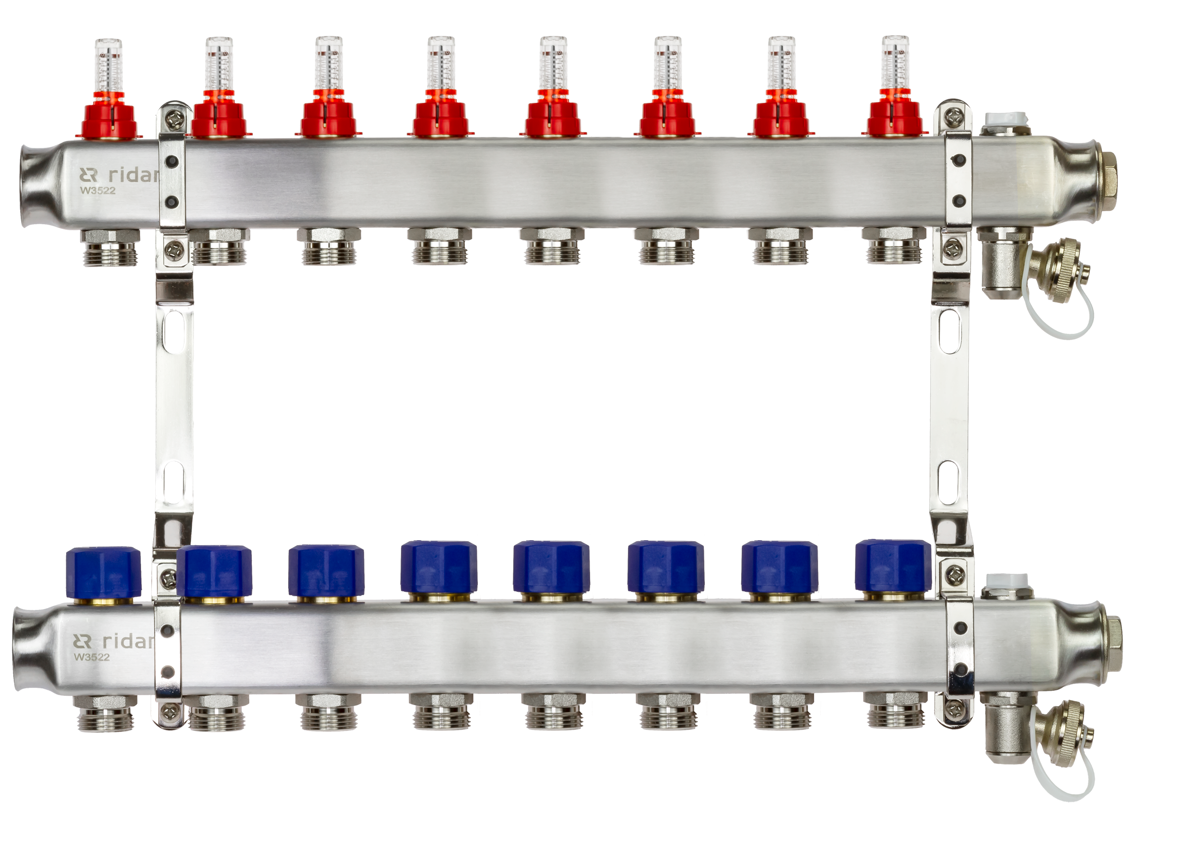 Ридан 088U0958R — Комплект коллекторов SSM-8RF set с расходомерами, кронштейнами, ручным воздухоотводчиком, сливным краном и торцевой заглушкой, 8 контуров