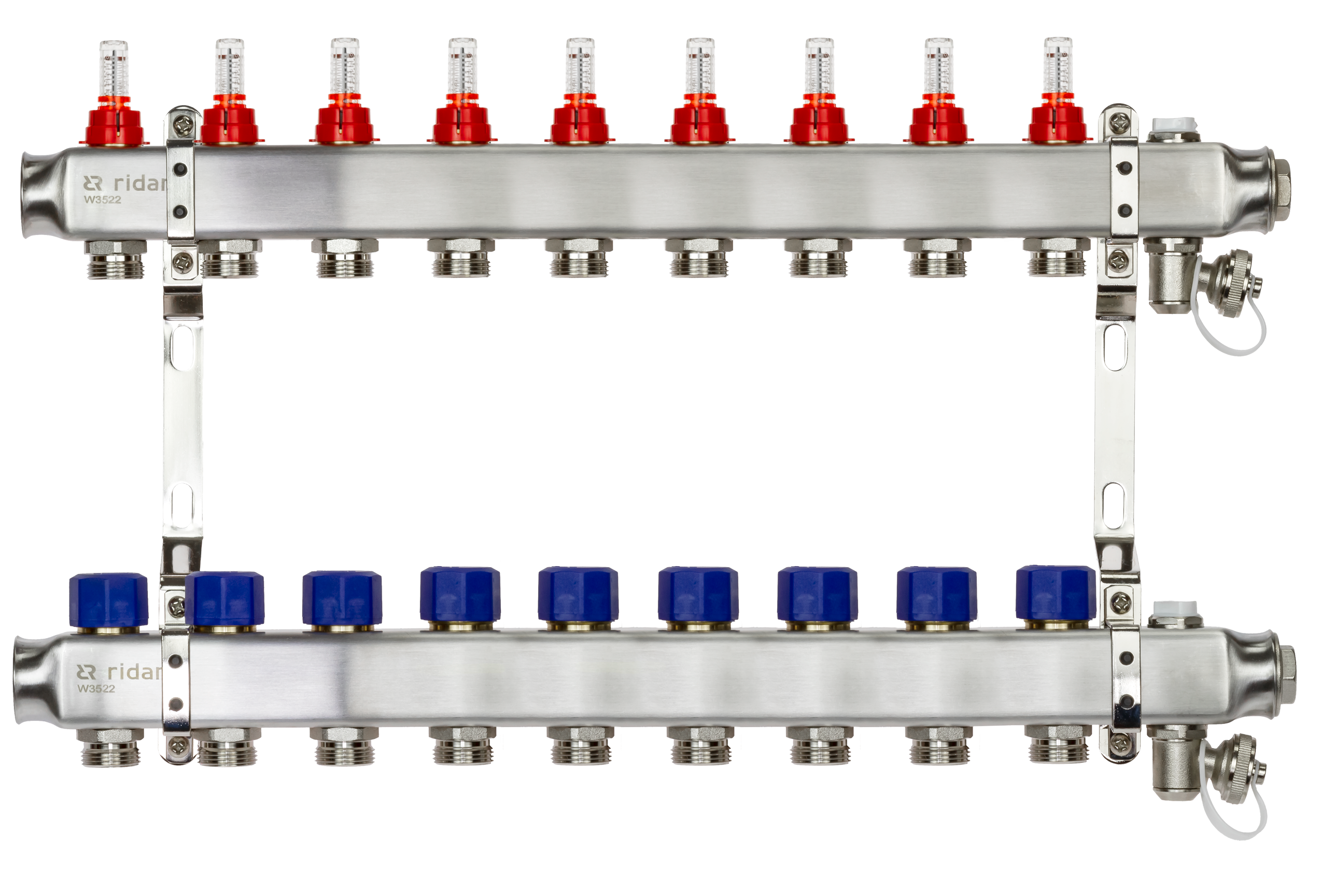 Ридан 088U0959R — Комплект коллекторов SSM-9RF set с расходомерами, кронштейнами, ручным воздухоотводчиком, сливным краном и торцевой заглушкой, 9 контуров