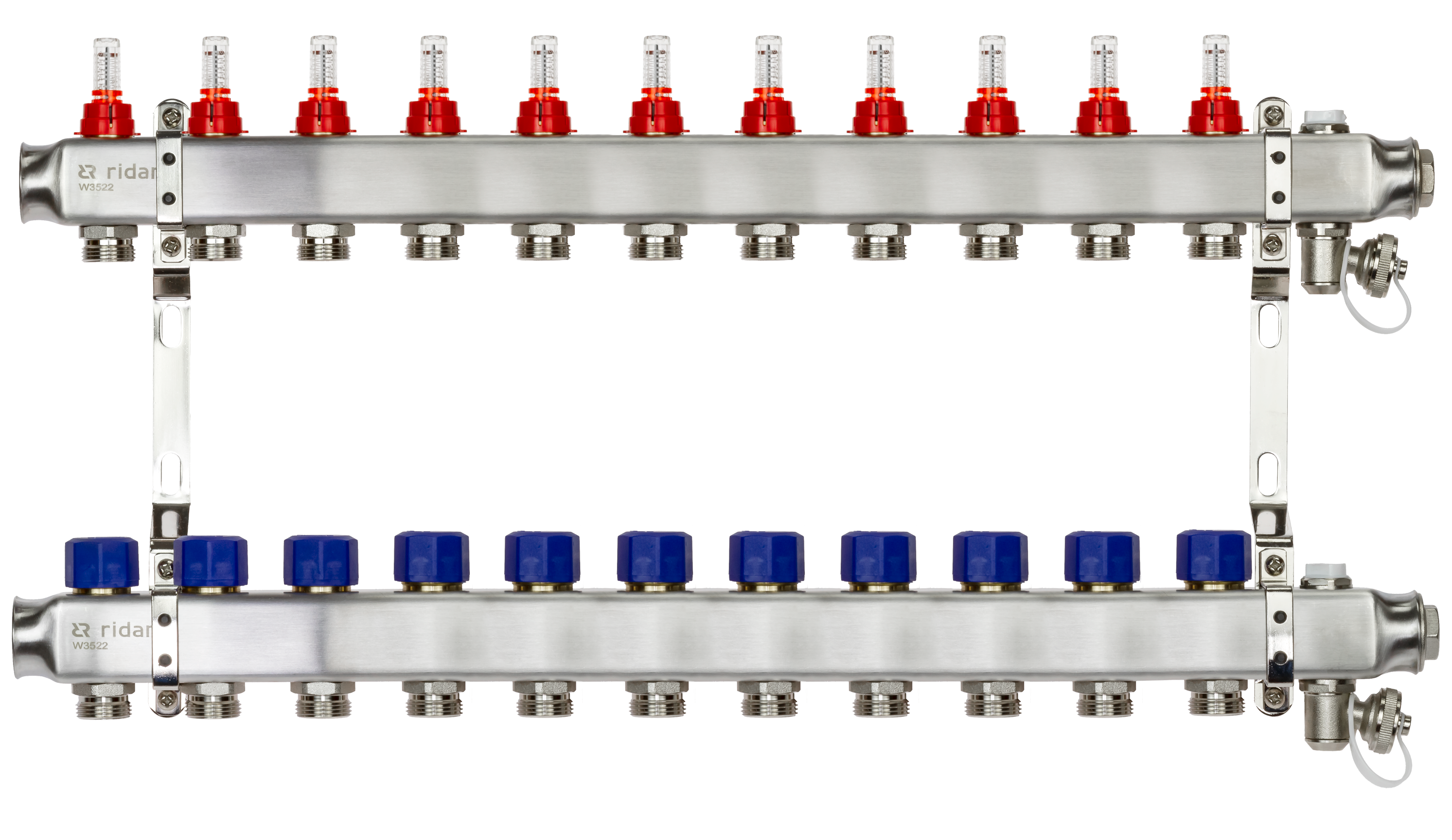Ридан 088U0961R — Комплект коллекторов SSM-11RF set с расходомерами, кронштейнами, ручным воздухоотводчиком, сливным краном и торцевой заглушкой, 11 контуров
